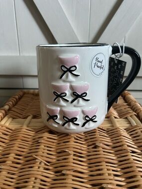 NWT Hand-Painted Pink Bow Ceramic Mug with Black Handle